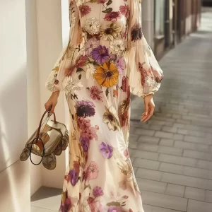 Elegant Long-sleeve Chiffon Dress Fashion Spring Autumn Lantern Sleeve Ruffle Waist Flower Printing Party Dresses Female