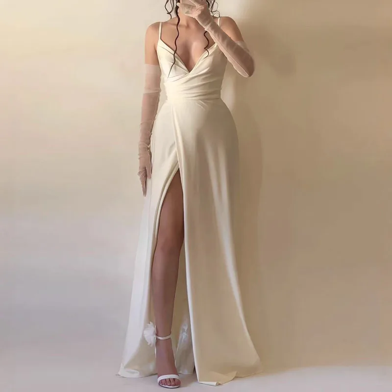 Women Sexy Sleeveless Backless Gowns Dress Elegant Deep V-neck Split Suspender Dress Summer Fashion Hight Waist Solid Long Dress - Image 3