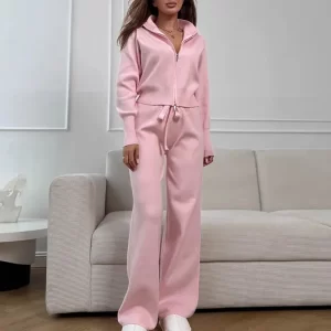 Autumn Winter Elegant Knit Straight Set Fashion Stand Collar Zipper Coat & Pant 2Pc Suit Casual Long Sleeve Women Solid Outfits