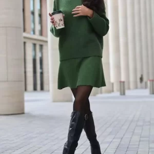 Women Half High Collar Top Pullover & A-Line Skirts Set Autumn Winter Solid Knitted Sweater Outfit Casual Long Sleeve Warm Suits