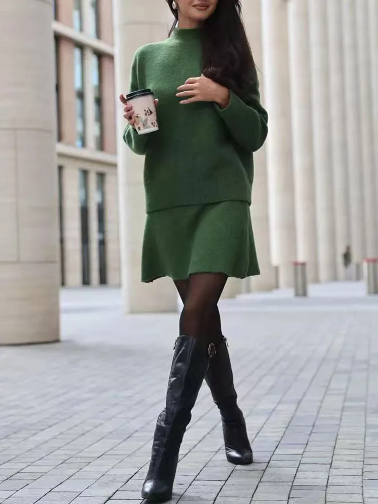 Women Half High Collar Top Pullover & A-Line Skirts Set Autumn Winter Solid Knitted Sweater Outfit Casual Long Sleeve Warm Suits