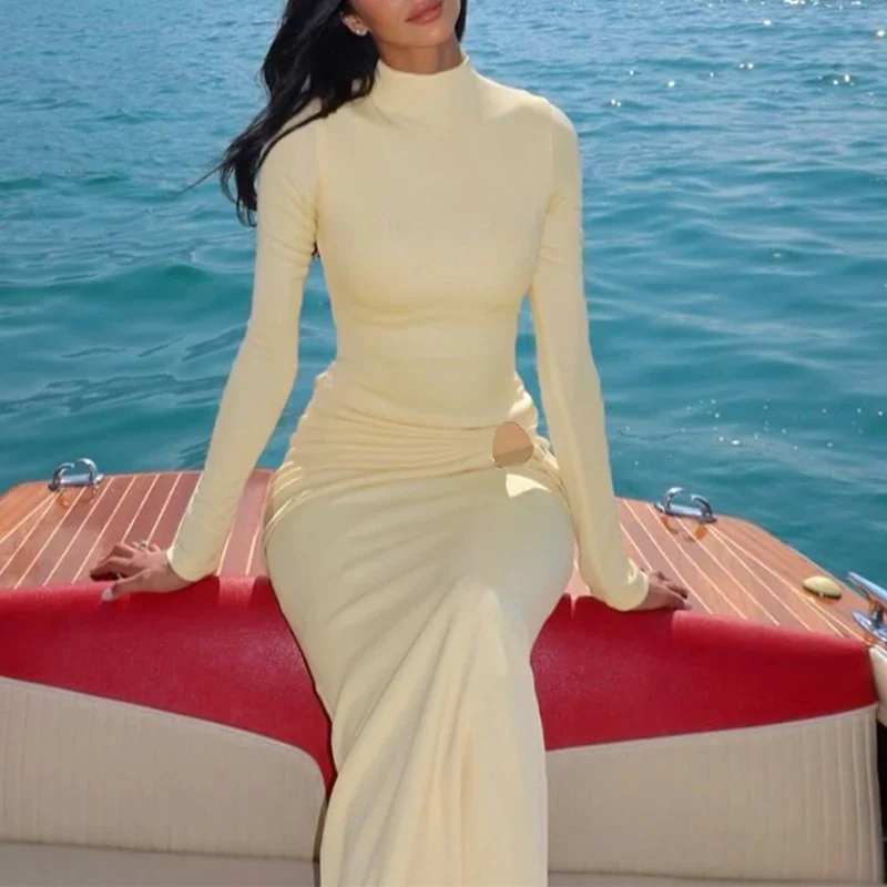 New Elegant Long Sleeve Bodycon Dress Women Beach Holiday Maxi Dresses For Women Casual Solid Slim Party Tight Bodycon Dress - Image 2