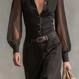 Sexy See-through Long Sleeve Maxi Dress Fashion Lapel Collar Solid Color Long Dress Elegant Button Hight Waist Slim Party Dress