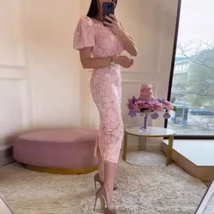 Crochet Clothes Woman Fashionable Jacquard Floral Slim Bodycon Hip Dress Summer Sexy Deep V Neck Puff Short Sleeve Party Dresses