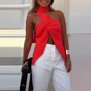 Sexy Hanging Neck Sleeveless with Exposed Belly Button Red Top Summer Ladies Elegant Off Shoulder Irregular Buttons Women's TOP