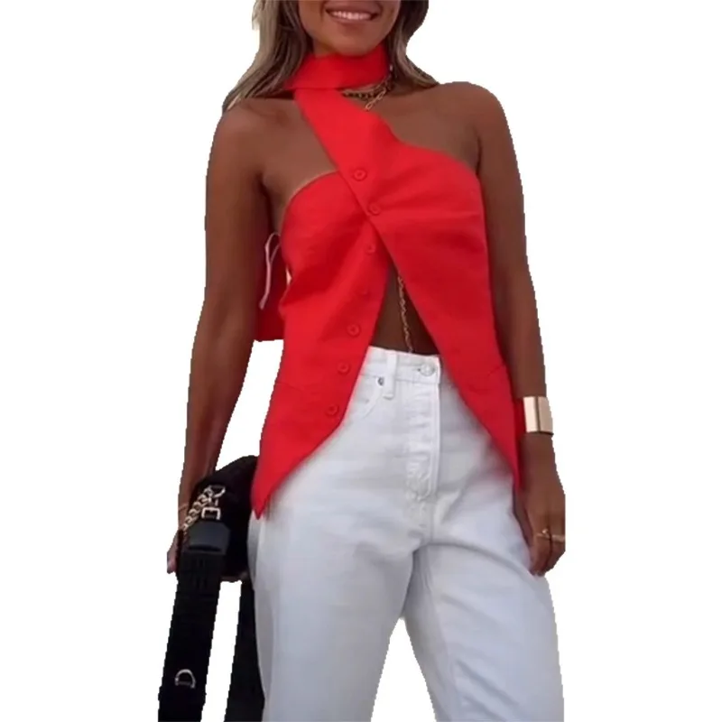 Sexy Hanging Neck Sleeveless with Exposed Belly Button Red Top Summer Ladies Elegant Off Shoulder Irregular Buttons Women's TOP - Image 4