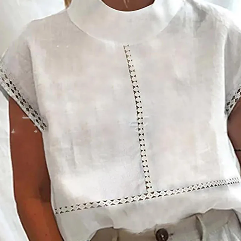 Spring Stand-Up Collar Lace Cotton Top Women Casual Linen Solid Color 5/4 sleeved casual shirt Women's Retro Lady Office T shirt - Image 2
