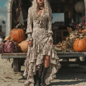 Autumn Elegant V Neck Big Swing Holiday Dress Fashion Flower Print Ruffle Edge Design Women Dress Sexy Hight Waist Slim Dresses