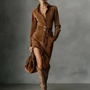 Autumn Sexy Solid Suede Vintage Dresses Woman Elegant Polo Collar Single Breasted Shirt Dress Lady Long Sleeve Pocket Mini Dress