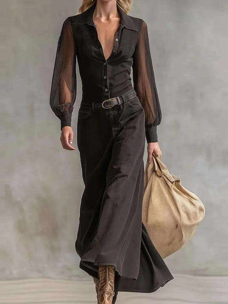 Sexy See-through Long Sleeve Maxi Dress Fashion Lapel Collar Solid Color Long Dress Elegant Button Hight Waist Slim Party Dress - Image 5