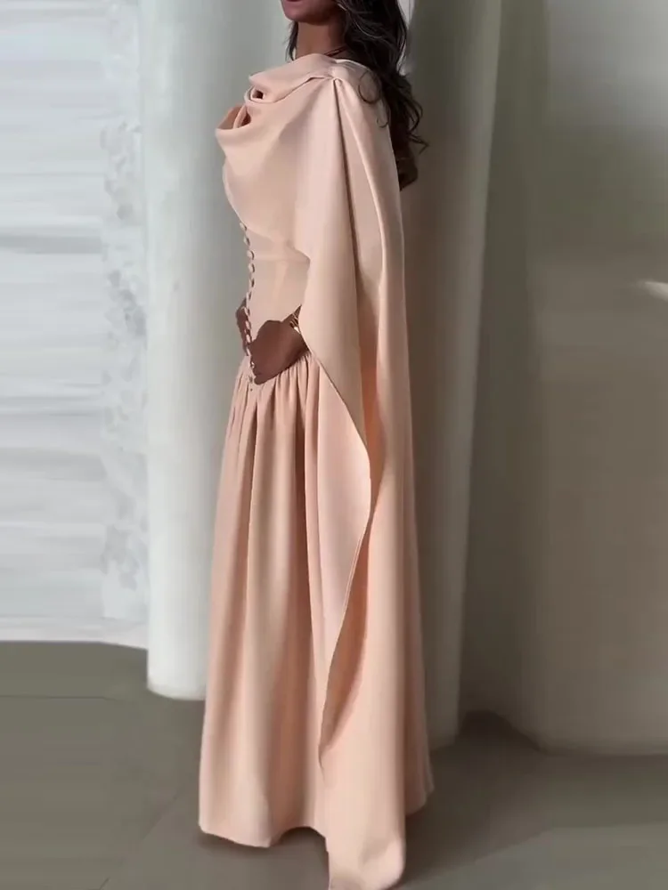 Temperament Solid Color Dress Fashion A-line O-Neck Long Dresses Luxury Nipped Waist Sleeveless Shawl Collar Banquet Dress