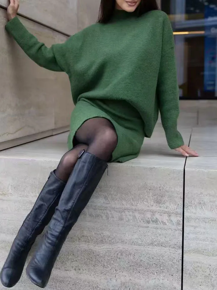 Women Half High Collar Top Pullover & A-Line Skirts Set Autumn Winter Solid Knitted Sweater Outfit Casual Long Sleeve Warm Suits - Image 2