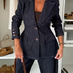 Women Elegant Lapel Button Cowboy 2Pc Sets Fashion Commute Blazer Coat Straight Pant Suit Casual Long Sleeve Solid Loose Outfits