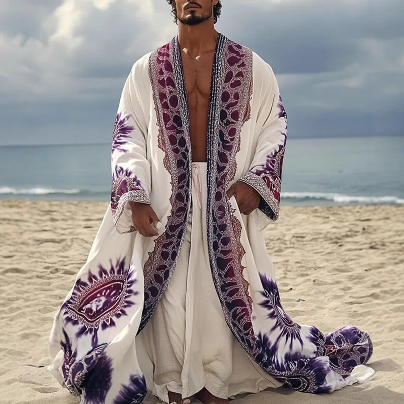 Ethnic Vintage Pattern Print Man Trench Coat Casual V Neck Long Tops Cardigan New Autumn Long Sleeve Loose Jacket Men's Clothing - Image 3