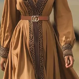 Casual Hight Waist Swing Party Dress Fall Sexy V-neck Long Sleeve Holiday Dress Women Fashion Pattern Splicing Draped Long Dress