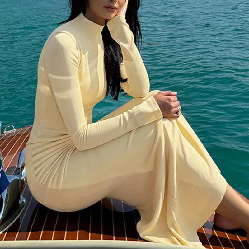 New Elegant Long Sleeve Bodycon Dress Women Beach Holiday Maxi Dresses For Women Casual Solid Slim Party Tight Bodycon Dress - Image 3