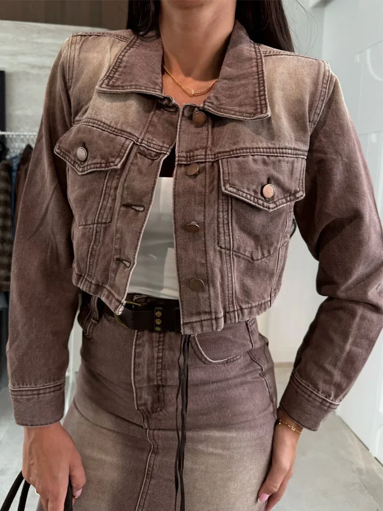 Fashion Lapel Collar Button Coat + Half Skirt Set Women Casual Long Sleeve Solid Denim Outfit Elegant Hight Street Slim 2Pc Suit - Image 2