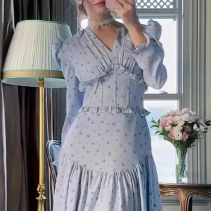 Spring Floral Print Lace-up Slim Long Dresses Woman V Neck High Waist Ruffle Banquet Dress Autumn Long Sleeve Robe Sexy Vestidos - Image 3