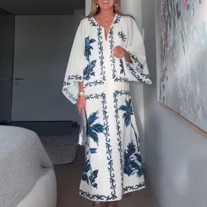 New Women's Sexy V-neck Long Sleeved Beach Dress Holiday Print Loose Autumn Maxi Dress Office Casual Street Swing Party Dresses