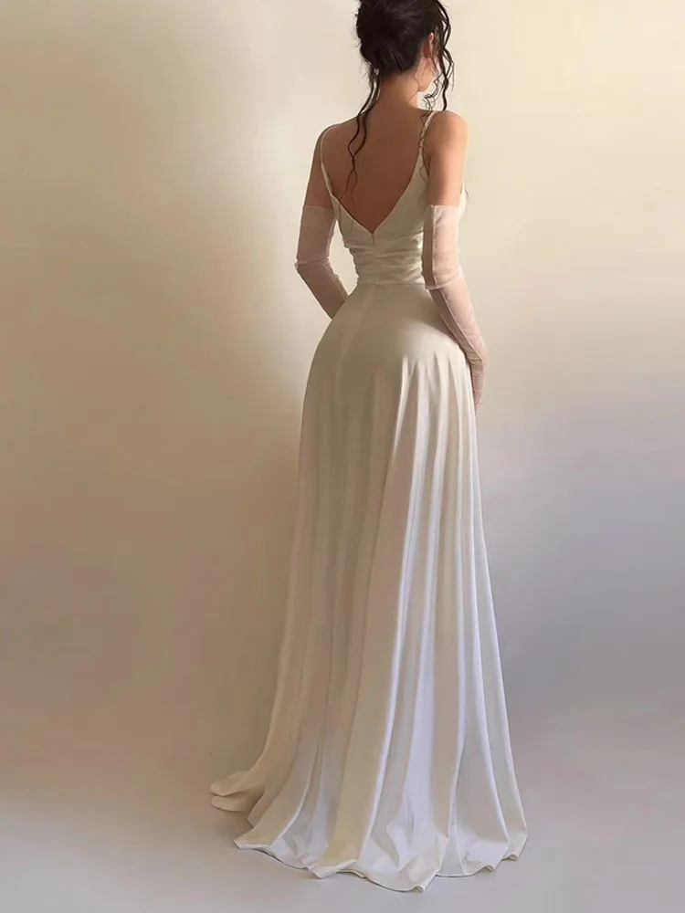 Women Sexy Sleeveless Backless Gowns Dress Elegant Deep V-neck Split Suspender Dress Summer Fashion Hight Waist Solid Long Dress - Image 4