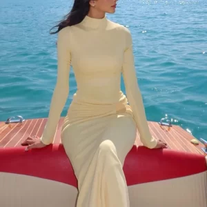 New Elegant Long Sleeve Bodycon Dress Women Beach Holiday Maxi Dresses For Women Casual Solid Slim Party Tight Bodycon Dress