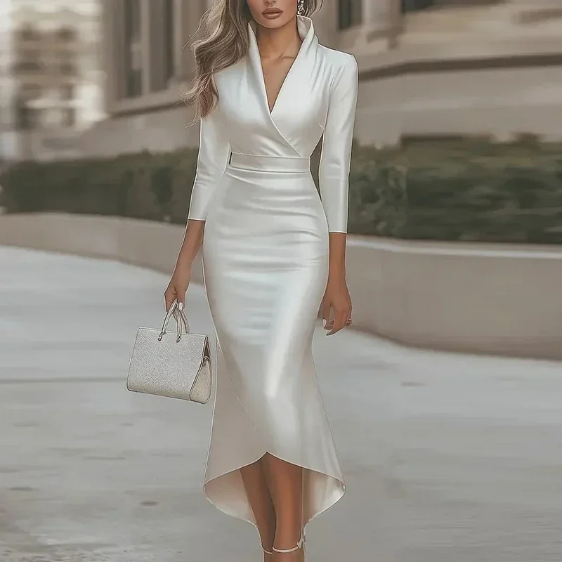 New V Neck Long Sleeve Irregular Long Dress Women Fashion Commuting Slim Fit Party Dresses For Women Autumn Evening Dress