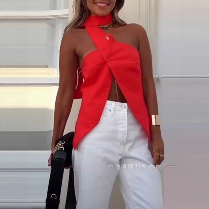 Sexy Hanging Neck Sleeveless with Exposed Belly Button Red Top Summer Ladies Elegant Off Shoulder Irregular Buttons Women's TOP - Image 3