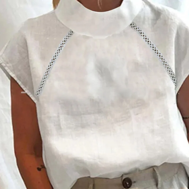 Spring Stand-Up Collar Lace Cotton Top Women Casual Linen Solid Color 5/4 sleeved casual shirt Women's Retro Lady Office T shirt - Image 3