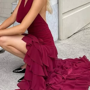 Women Fashion Waist Slim Gowns Dress Elegant V-neck Halter Ruffled Long Dress Summer Sexy Sleeveless Backless Solid Party Dress