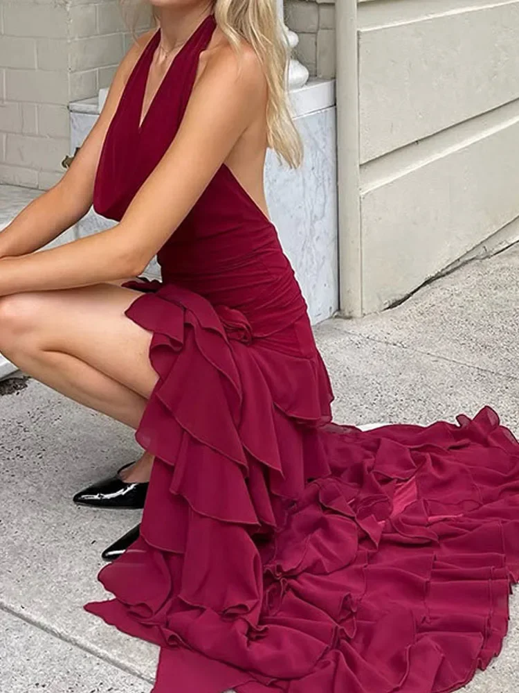 Women Fashion Waist Slim Gowns Dress Elegant V-neck Halter Ruffled Long Dress Summer Sexy Sleeveless Backless Solid Party Dress