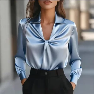 Business Elegance Women's Shirt 2025 Autumn Satin Lapel Long-sleeved Solid color Pleated Twist Knot Blouse for Office Ladies