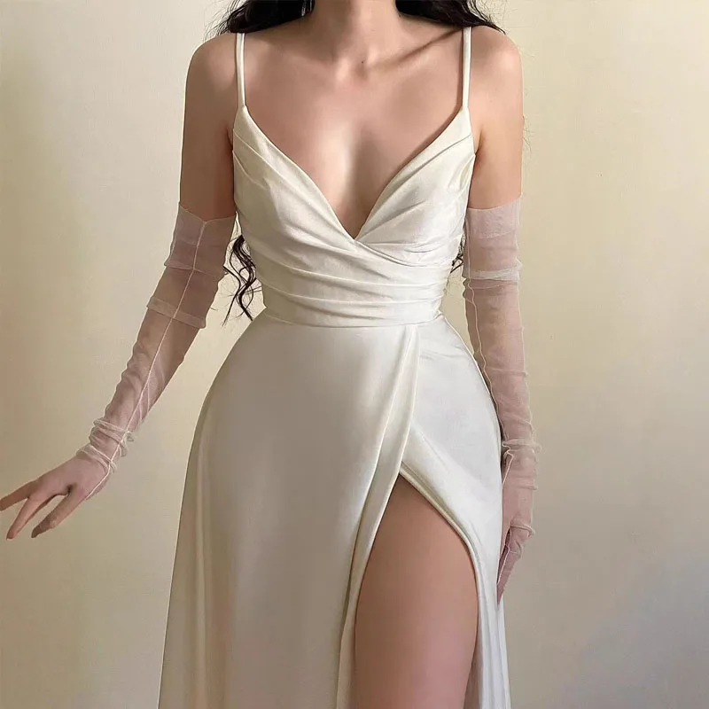 Women Sexy Sleeveless Backless Gowns Dress Elegant Deep V-neck Split Suspender Dress Summer Fashion Hight Waist Solid Long Dress