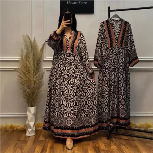 Elegant and Fashionable V Neck Long Sleeve Loose Maxi Dress Women's Autumn Fashion Printed Casual Long Dress Pattern Dress 2025