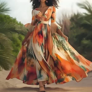 Sexy V-neck Hight Waist Slim Bohemian Dress Autumn Casual Flared Sleeve Draped Long Dress Fashion Flower Print Swing Long Dress