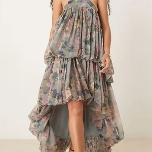 Elegant Halter Sleeveless Vacation Dress Sexy Off Shoulder Backless Irregular Long Dress Fashion Print Hollow Suspender Dresses