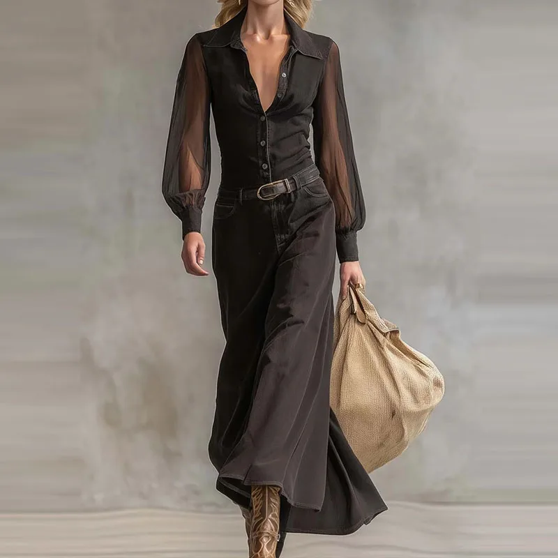 Sexy See-through Long Sleeve Maxi Dress Fashion Lapel Collar Solid Color Long Dress Elegant Button Hight Waist Slim Party Dress - Image 3