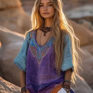 Autumn Women's V-Neck Montage Loose Retro Top Ethnic Printed Casual Bohemian Hooded T-shirt Women's Short Sleeved Shirt Clothing