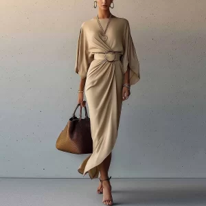 Autumn Winter Fashion Belt Dress Women Casual Solid Round Neck Lantern Sleeve Belt Wrinkled Irregular Dress Women