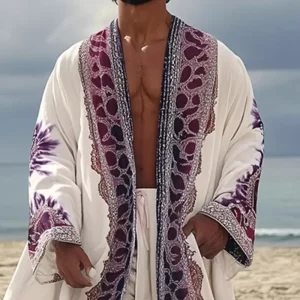 Ethnic Vintage Pattern Print Man Trench Coat Casual V Neck Long Tops Cardigan New Autumn Long Sleeve Loose Jacket Men's Clothing