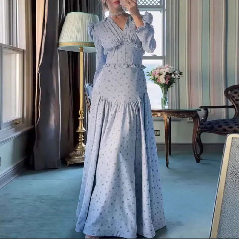 Spring Floral Print Lace-up Slim Long Dresses Woman V Neck High Waist Ruffle Banquet Dress Autumn Long Sleeve Robe Sexy Vestidos - Image 2