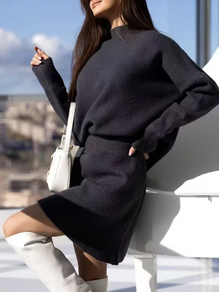 Women Half High Collar Top Pullover & A-Line Skirts Set Autumn Winter Solid Knitted Sweater Outfit Casual Long Sleeve Warm Suits - Image 3